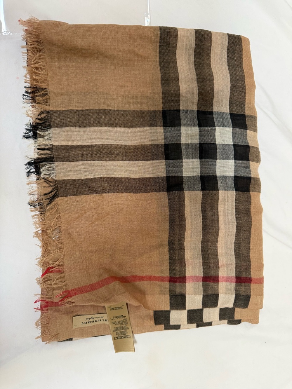 Burberry Tan Plaid Scarf with Black, White & Red Stripes - Picture 10 of 10